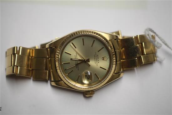 A gentlemans 1990s? 18ct gold Rolex Oyster Perpetual Datejust, with box,